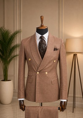 Costume croisé beige pour homme avec boutons dorés – Costume 2 pièces slim à texture travaillée