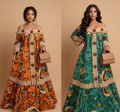 Elegant Off-Shoulder Ankara Maxi Dress — African Print Button-Front Gown with Fringed Trim
