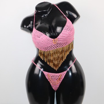 Nuisette tricoté perlée fait main artisanale haut et string ajustable, lingerie élégante et raffiné