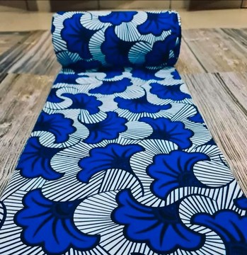 African Wax fabrics 45 cm 100% cotton "white blue wedding flowers"