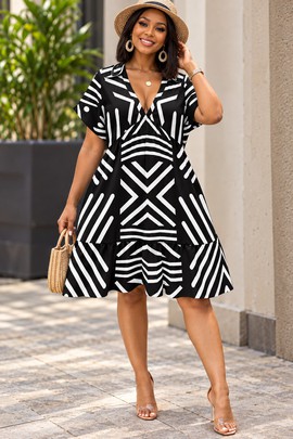 Robe femme kimono à imprimé zèbre géométrique, col en V et manches courtes | Robe kimono à imprimé zèbre