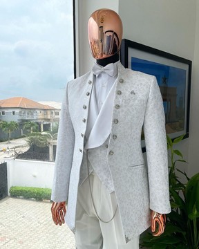A “cardinal” ivory white &amp; silver pattern metallic pattern jacquard Suit