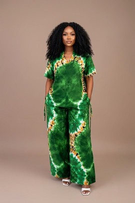 Women African Green Tie-Dye Two-Piece Set