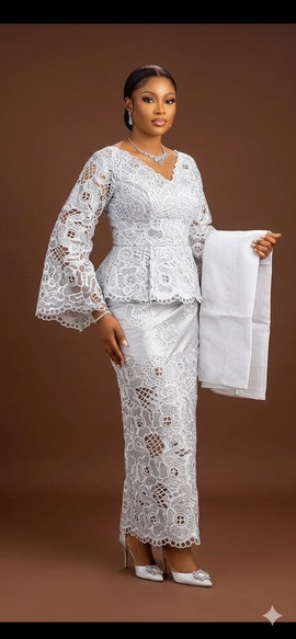 Elegant White Lace Peplum Skirt and Blouse Set