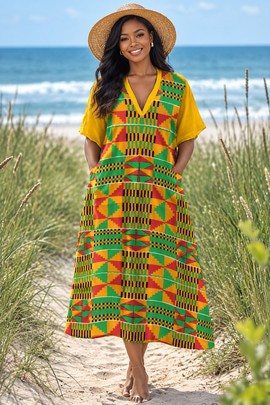 Robe midi ample à col en V pour femme, imprimé kente | Mode kente | Bynelo