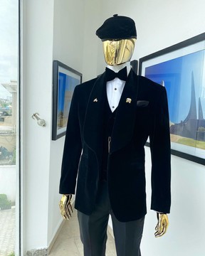 A “peaky blinders” soaked Italian velvet charcoal black shawl lapel suit