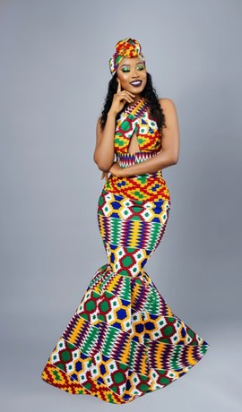 Women’s Kente Mermaid Dress – African Print Halter Gown with Matching Headwrap