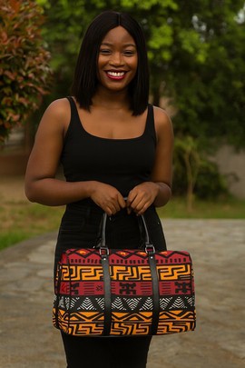 African Leather Bag for Travel Bohemian Mud Cloth Pattern