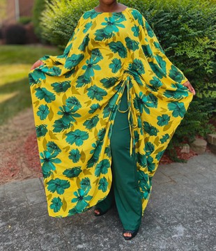 Yellow and Green Floral Print Ruched Asymmetrical Top and Pants Set