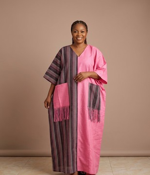 The Blush &amp; Charcoal Hand-Woven Aso-Oke Fringe Kaftan Boubou Agbada