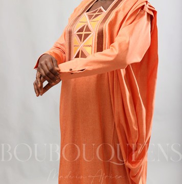African Boubou dress for women "Keinya" Orange in glazed linen — With headscarf