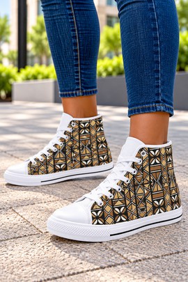 Geometric Kuba mudcloth grid print Women's Classic High Top Canvas Shoes | African Sneakers
