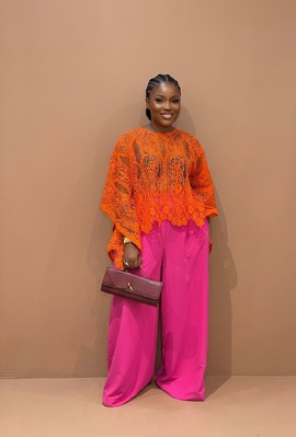 Tangerine Cord Lace &amp; Fuchsia Pink Wide-Leg Trouser Set for Cocktail parties, birthday dinners