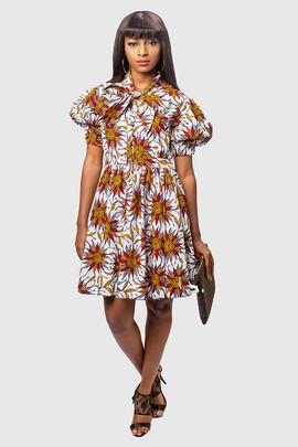 Superbe robe évasée avec cravate et manches bouffantes. Ankara Dress