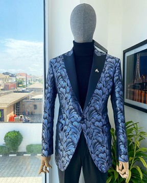 A Peak Lapel, Costume de soirée blazer « Mandarin » bleu nuit en jacquard
