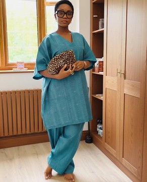 Ensemble deux pièces en caftan africain bleu canard