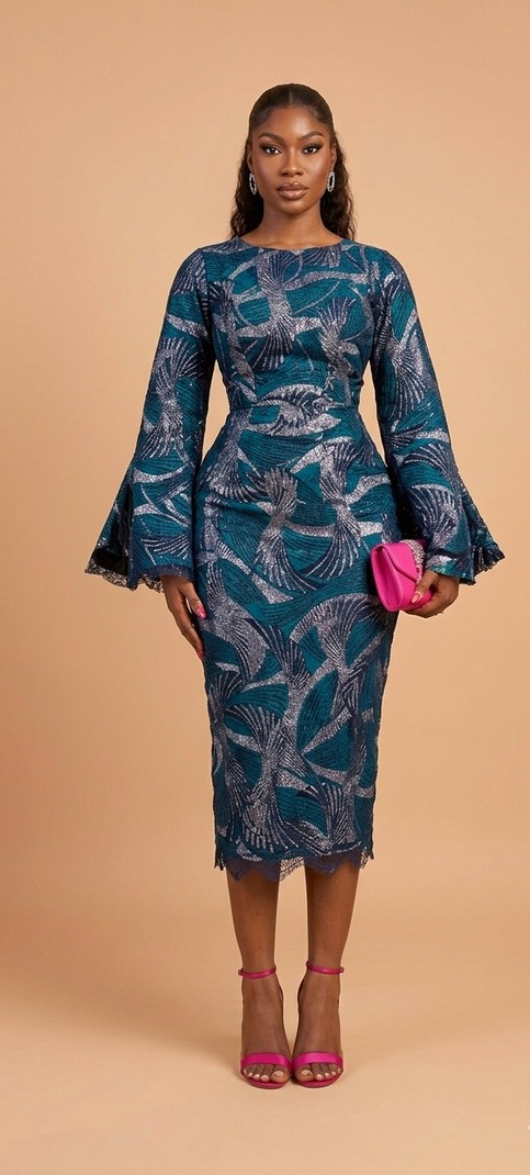 Elegant African Lace Midi Dress – Teal Long Sleeve Bodycon Dress with F