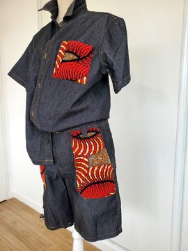 "ENSEMBLE MIXTE SHORT CHEMISETTE JEANS NOIR CUSTOMISES WAX ROUGE"