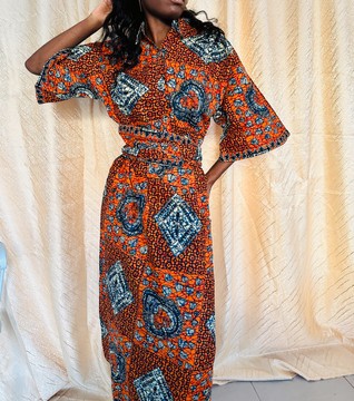 Two-piece African outfit Wax orange - Wax shirt - matching wrap skirt to tie