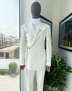 A wrap &amp; strapped ivory white, peak lapel suit &amp; pant trousers