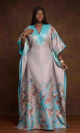 Turquoise &amp; Champagne Luxury Kaftan – Elegant African Boubou with Artistic Print