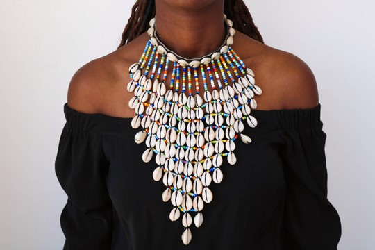 African beaded cowrie shell necklace, African tribal necklace, Elegant necklace, Boho necklace