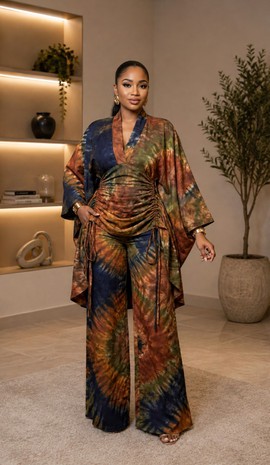 Women's Rust, Green &amp; Navy Tie-Dye Print Kimono &amp; Wide-Leg Pants Set – Ruched Waist 2-Piece
