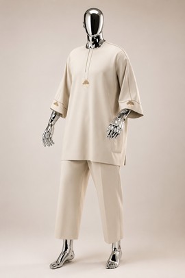 Tenue senator brodée crème pour homme – Tenue traditionnelle 2 pièces à manches larges |