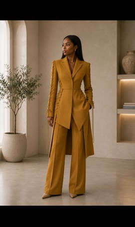 Ensemble blazer corset à lacets et pantalon large couleur moutarde pour femme – Ensemble deux pièces en tissu de tailleur