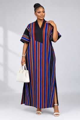 Women's African Kaftan Maxi Dress – Multicolour Striped Boubou Gown with Short Sleeves