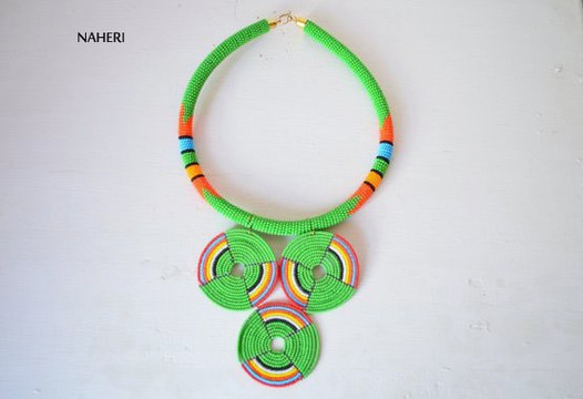 African Maasai Beaded Necklace | Zulu Inspired Necklace | Green Tribal Pendant Jewelry