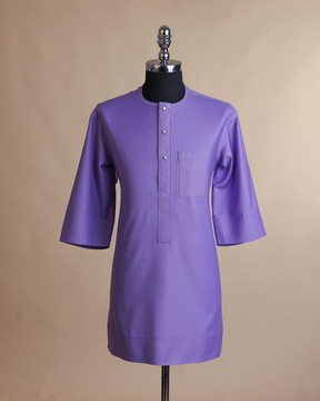 An iris purple, front flap with Swarovski button, 3/4 sleeve African senator kaftan native.