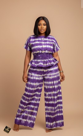 L’ensemble deux pièces peplum et pantalon palazzo Indigo Ripple