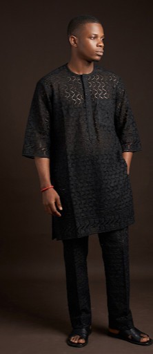 Two-Piece Embroidered Agbada — Black on Black| Men kaftan| Nigeria men's lace