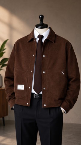 "Men's Brown Faux Suede Snap Button Jacket – Classic Trucker Jacket with Chest Pockets