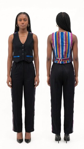 Black &amp; Multicolour Handwoven Aso Oke Waistcoat and Trouser Set