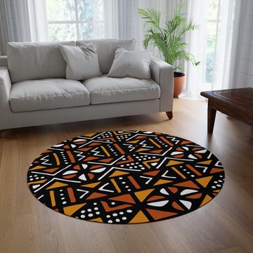 Orange Round Rug Ethnic Carpet Mudcloth African Print (LARGER SIZES AVAILABLE)
