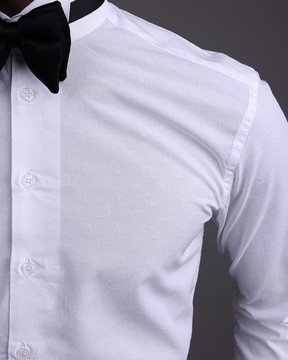 A white, paisley print wing collar tuxedo shirt.