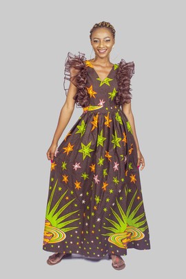 Robe longue imprimée africaine avec volants en organza, Robe longue Ankara, Vêtements africains pour femmes