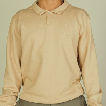 Sweat-polo Beige Loose Fit Unisexe affirmation en broderie "Merci je t'aime" Détails En Wax