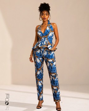 Slim pants and ruffled halter top set