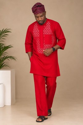 Ensemble traditionnel rouge 2 pièces pour homme – Ensemble de kaftan africain brodé avec pantalon assorti