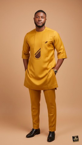 Adufe Mustard Yellow Kaftan Set with Brown Accents