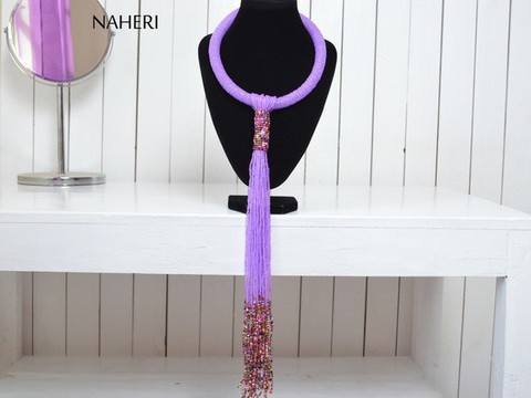 Purple African tie necklace | Tribal beaded necklace | African jewelry