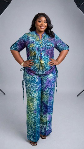 Women's African Print 2 Piece Set - Adire Batik Button-Up Shirt &amp; Wide Leg Trousers