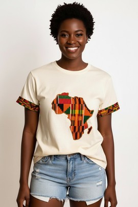 white t-shirt with kente trim and Africa map
