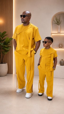 Father &amp; Son Matching Mustard Yellow Cargo-Style Two-Piece Set – Round Neck Tee &amp; Trouser