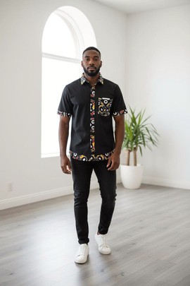 Men’s Black Short Sleeve Button Up Shirt with African Ankara Print Accents