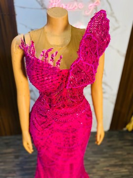 Luxury pink wedding dress, pink beaded dress, pink prom dress