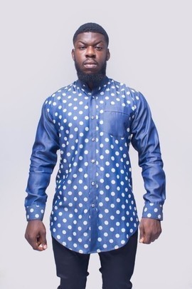 Polka Dots Blue and White Shirt, Long Sleeve Shirt, Cotton Shirt, Mens Clothing, Tail Shirt